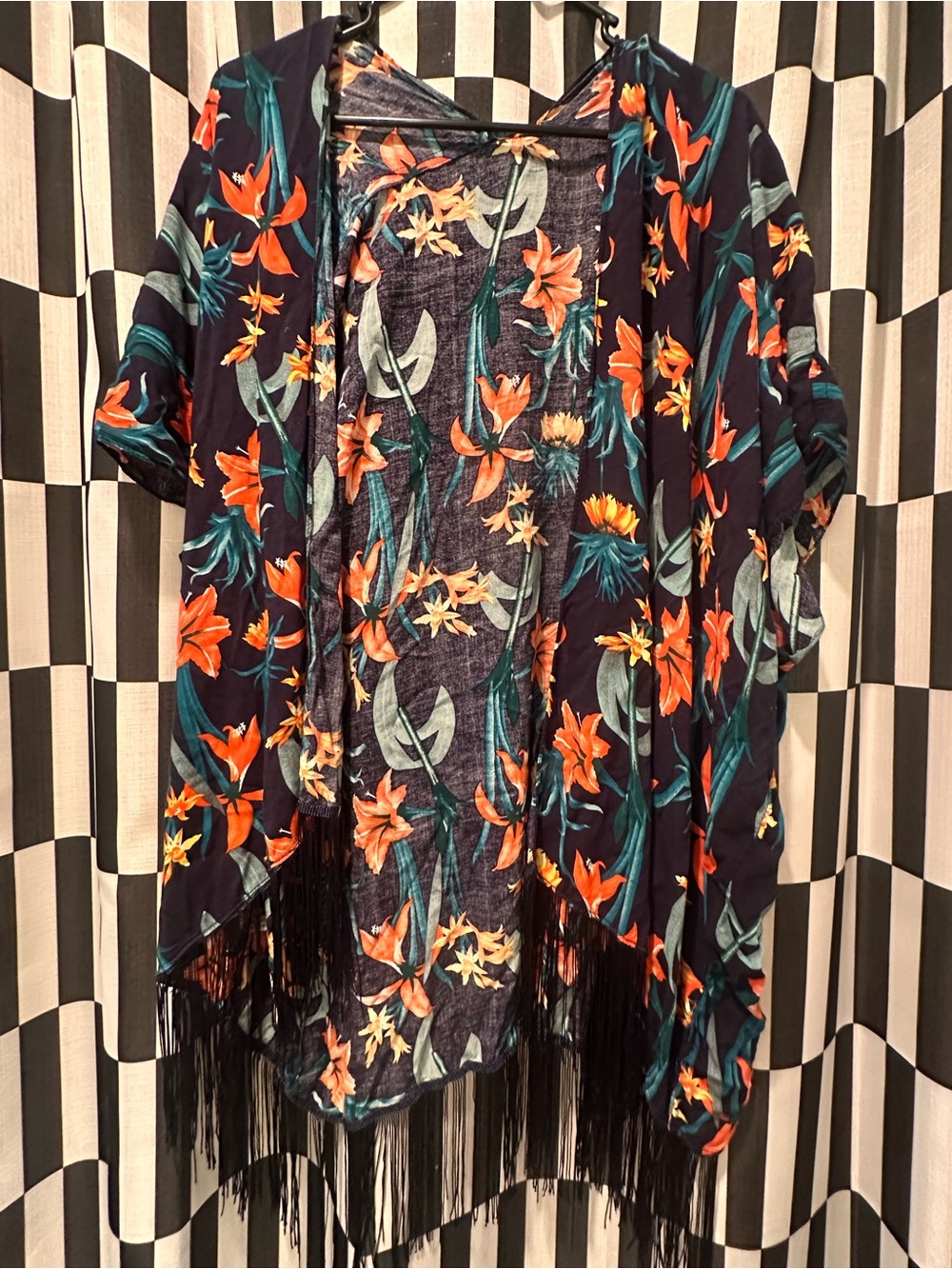 Navy Floral Fringe Kimono